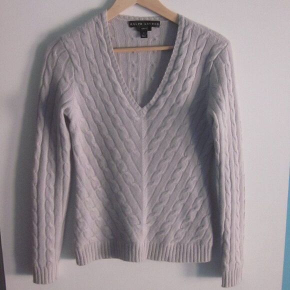 Ralph Lauren Black Label Cabled V-Neck Cashmere Pullover Slim Fit Size S Lt Gray - Picture 2 of 11